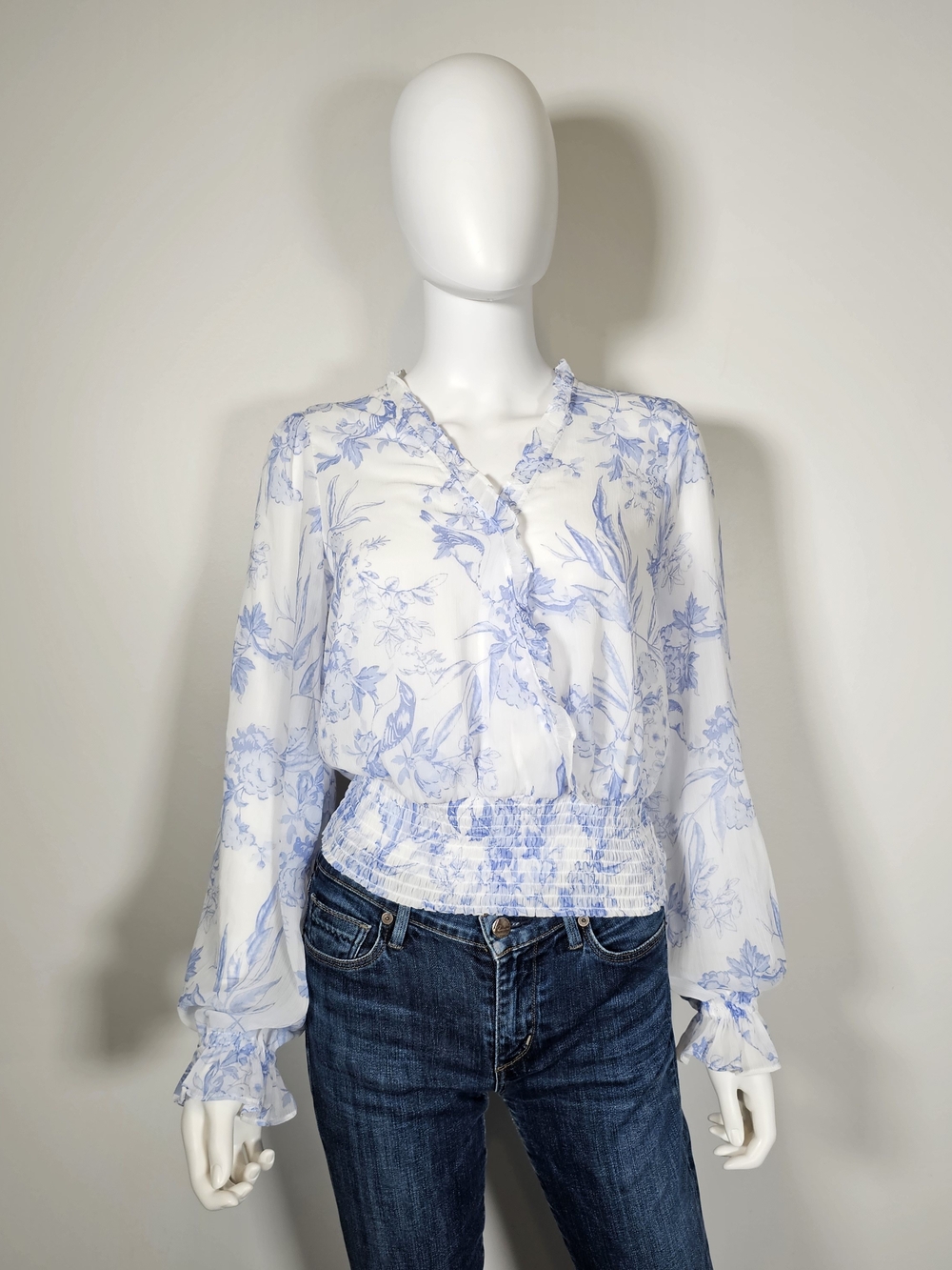 Light Blue Floral Smocked-Waist Blouse - White/Light Blue